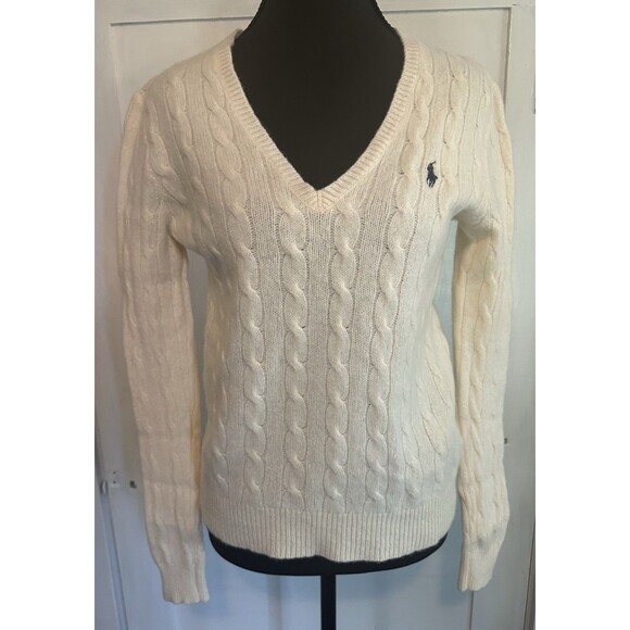 Polo Ralph Lauren Women’s Cream Wool Cashmere V-neck Cable Knit Sweater Sz M - Picture 1 of 7